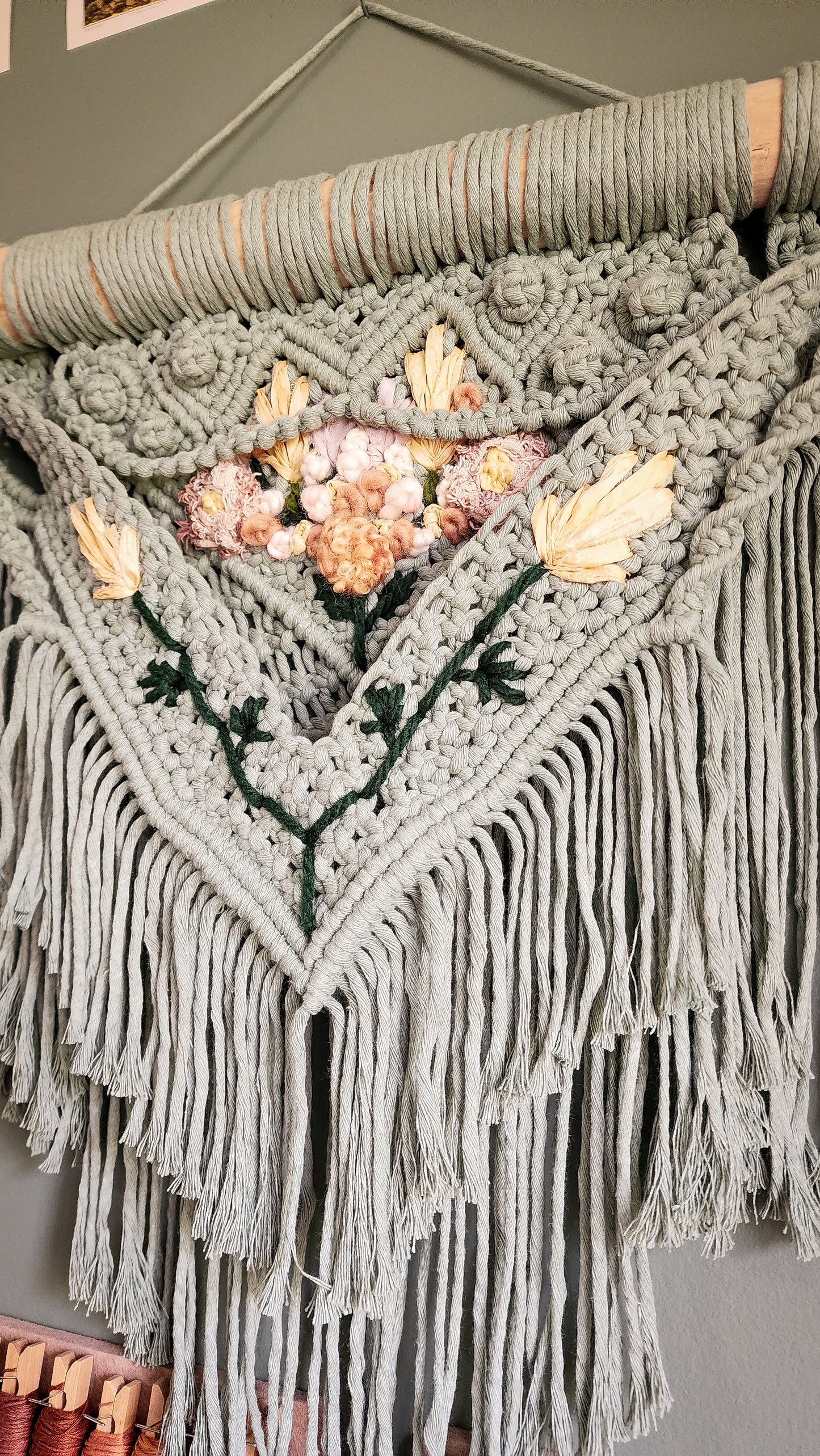 Embroidered Macrame Wall Hanging
