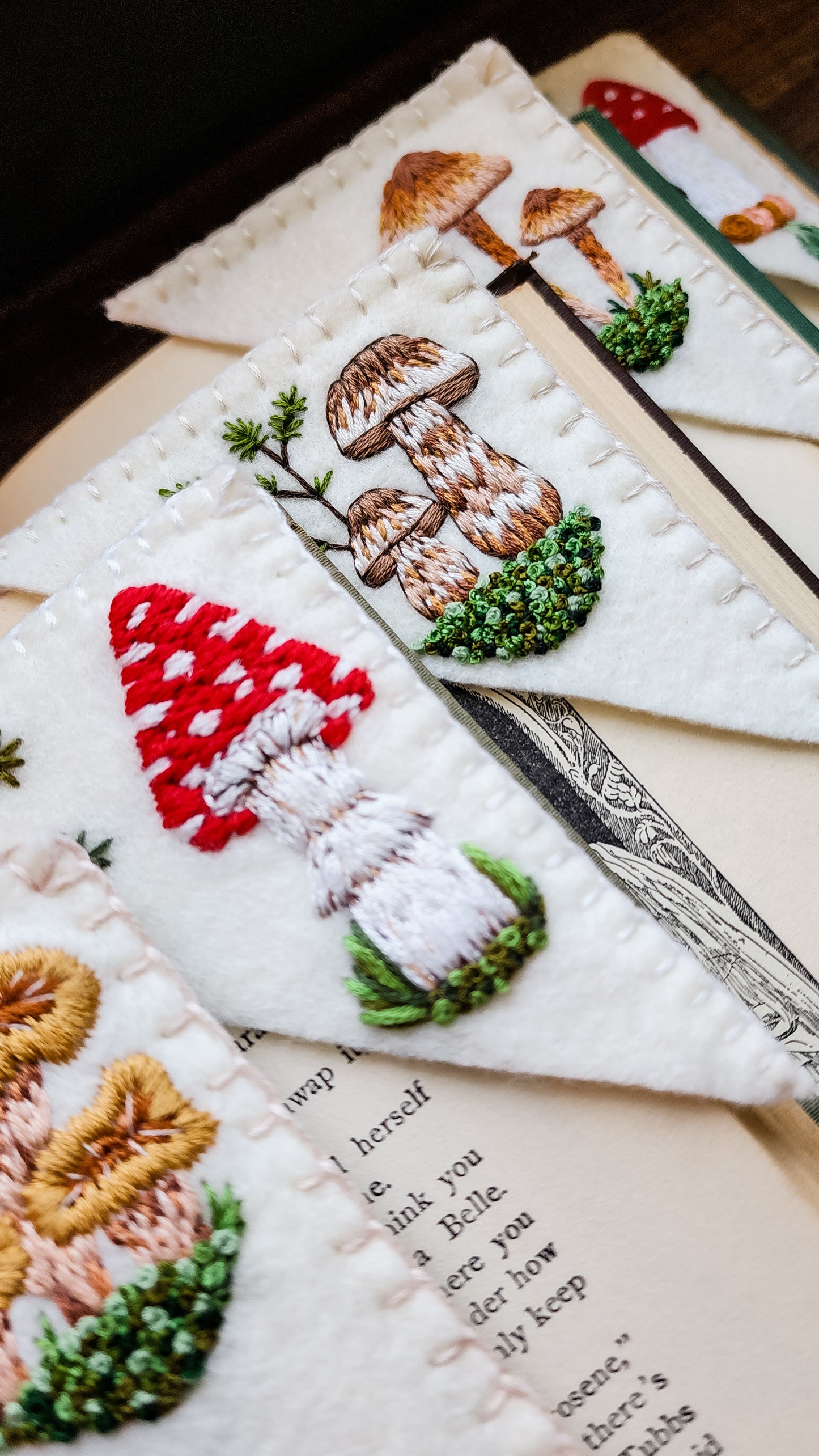Embroidered Mushroom Bookmark # 5 – Finely Twined